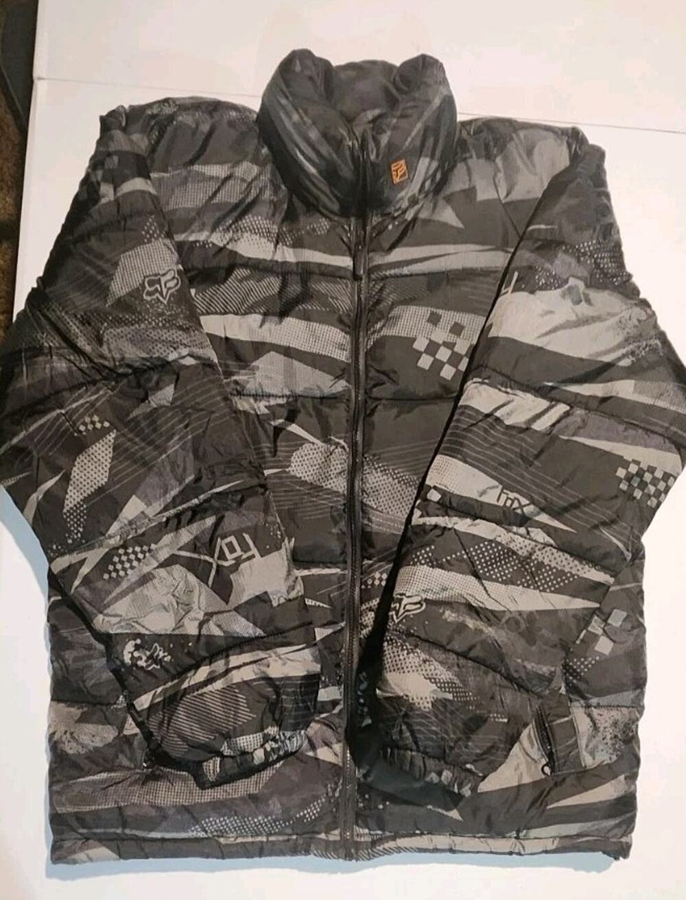 Y2K FOX Racing All Over Print Graffiti Snowboarding Zip Up Puffer Jacket Size L